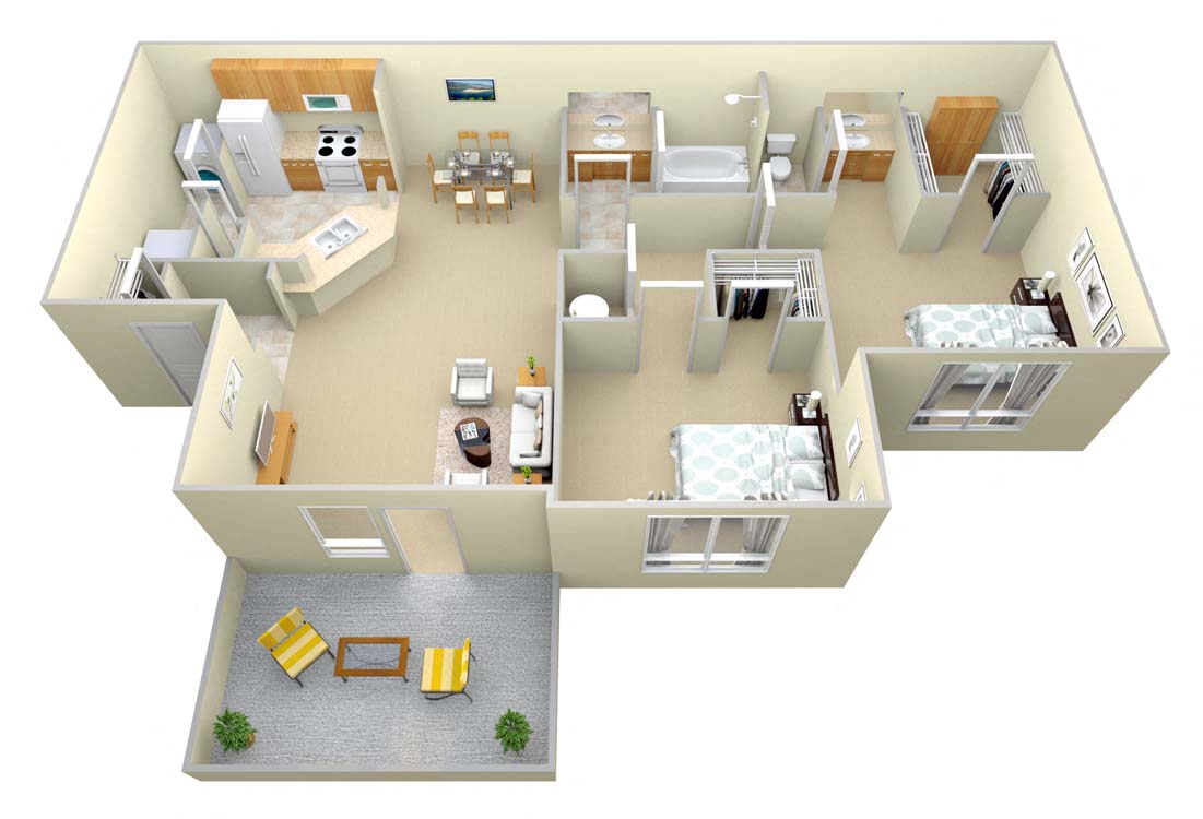 Floor plan for 2 beds, 1 bath, 1135 sqft